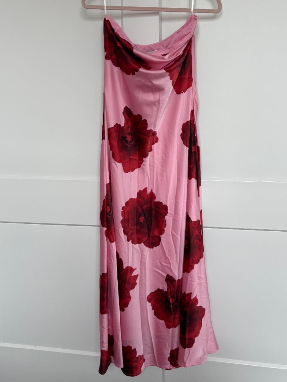 Paper Heart Pink Red Floral Satin Maxi Dress L